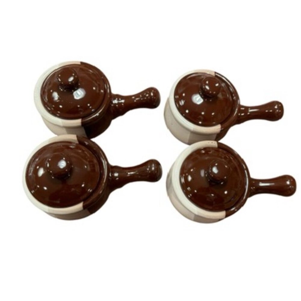 Vintage Brown & Beige Stoneware Soup Bowls With Lids – Set of 4 – Handled Crocks